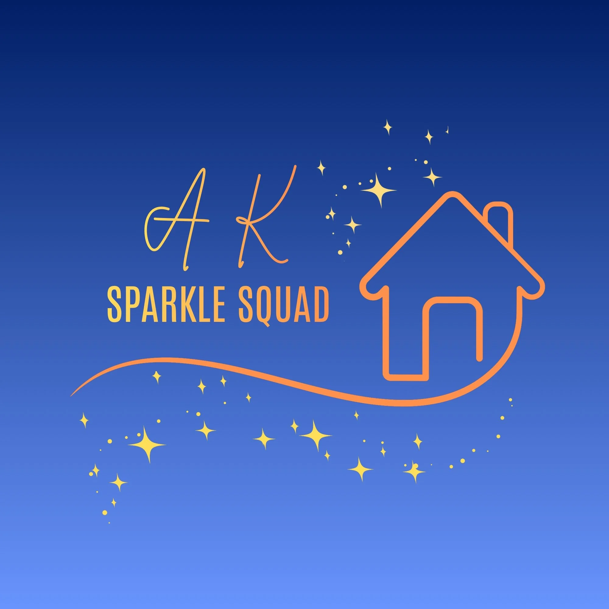 Blue gradient graphic with orange and yellow lettering reading “AK Sparkle Squad,” a stylized house outline, and sparkling stars