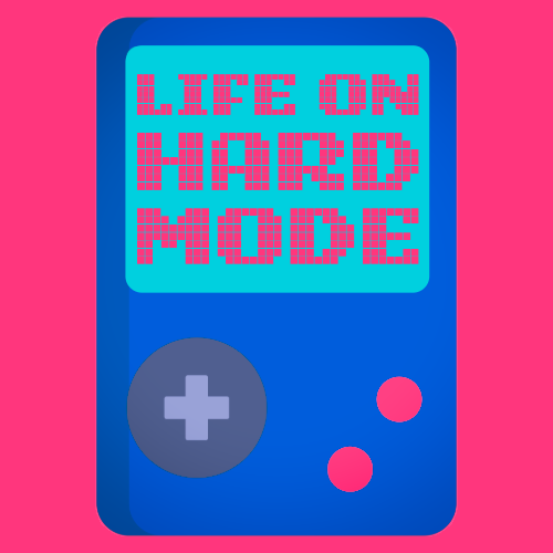 A pixel art illustration of a handheld gaming device with the text 'Life on Hard Mode' on the screen, against a pink background.