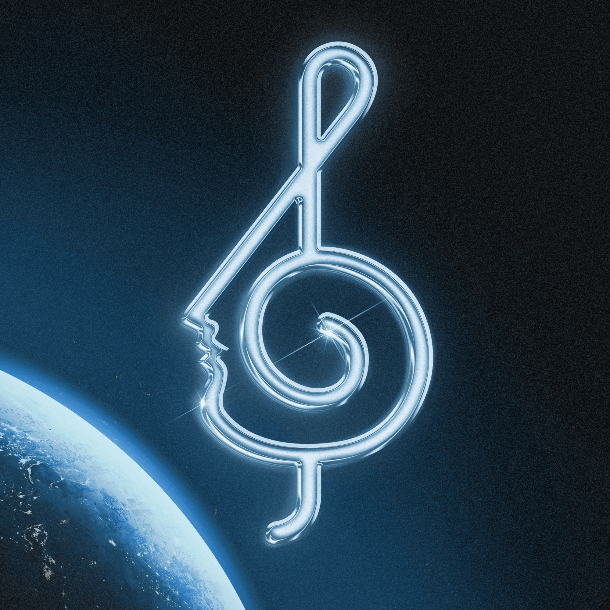 Enda Harte Logo, Music Note & Man combined. Hovering over earth. Enda Harte