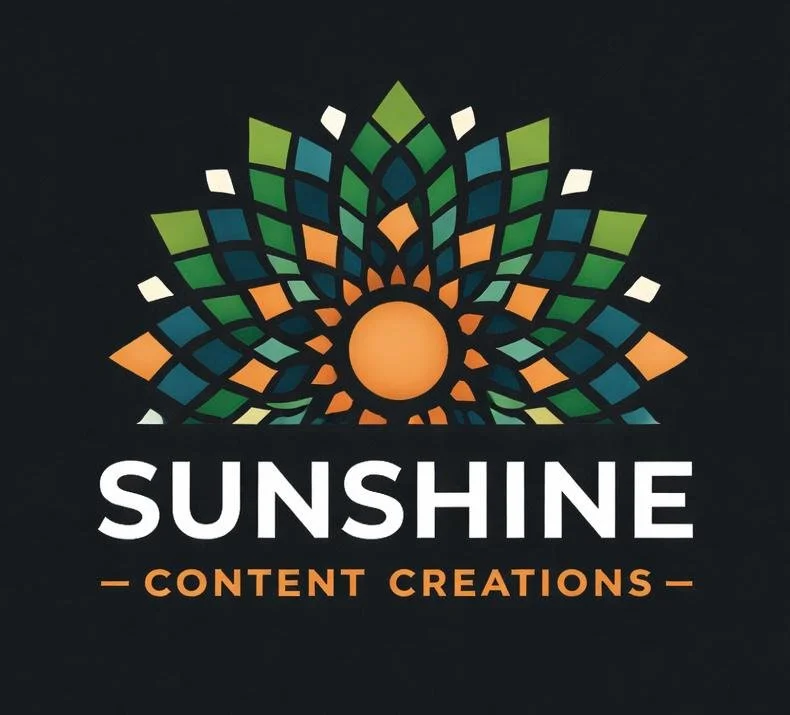 Logo featuring a colorful sun with geometric rays above the text 'Sunshine Content Creations'.