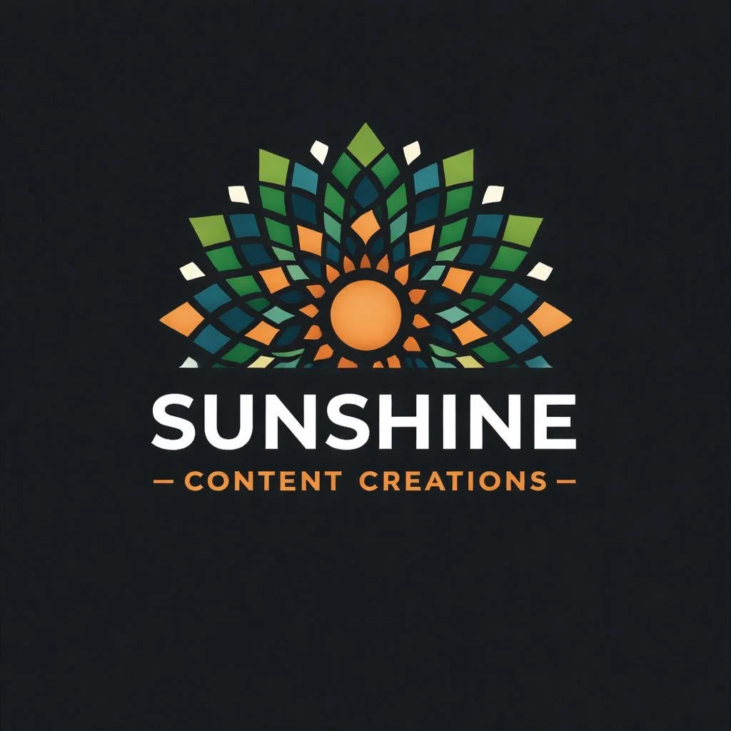 A colorful logo featuring a stylized sun with geometric patterns resembling petals, with the text 'SUNSHINE' in bold white letters and 'CONTENT CREATIONS' in orange underneath on a black background.