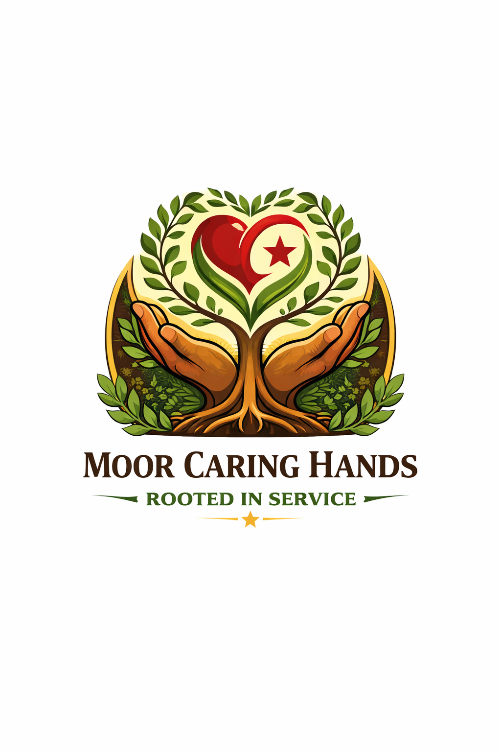 Logo with two hands holding a tree with a heart shaped leaf, featuring the flag of Tunisia, surrounded by greenery, with the text 'Moor Caring Hands' and 'Rooted in Service'.