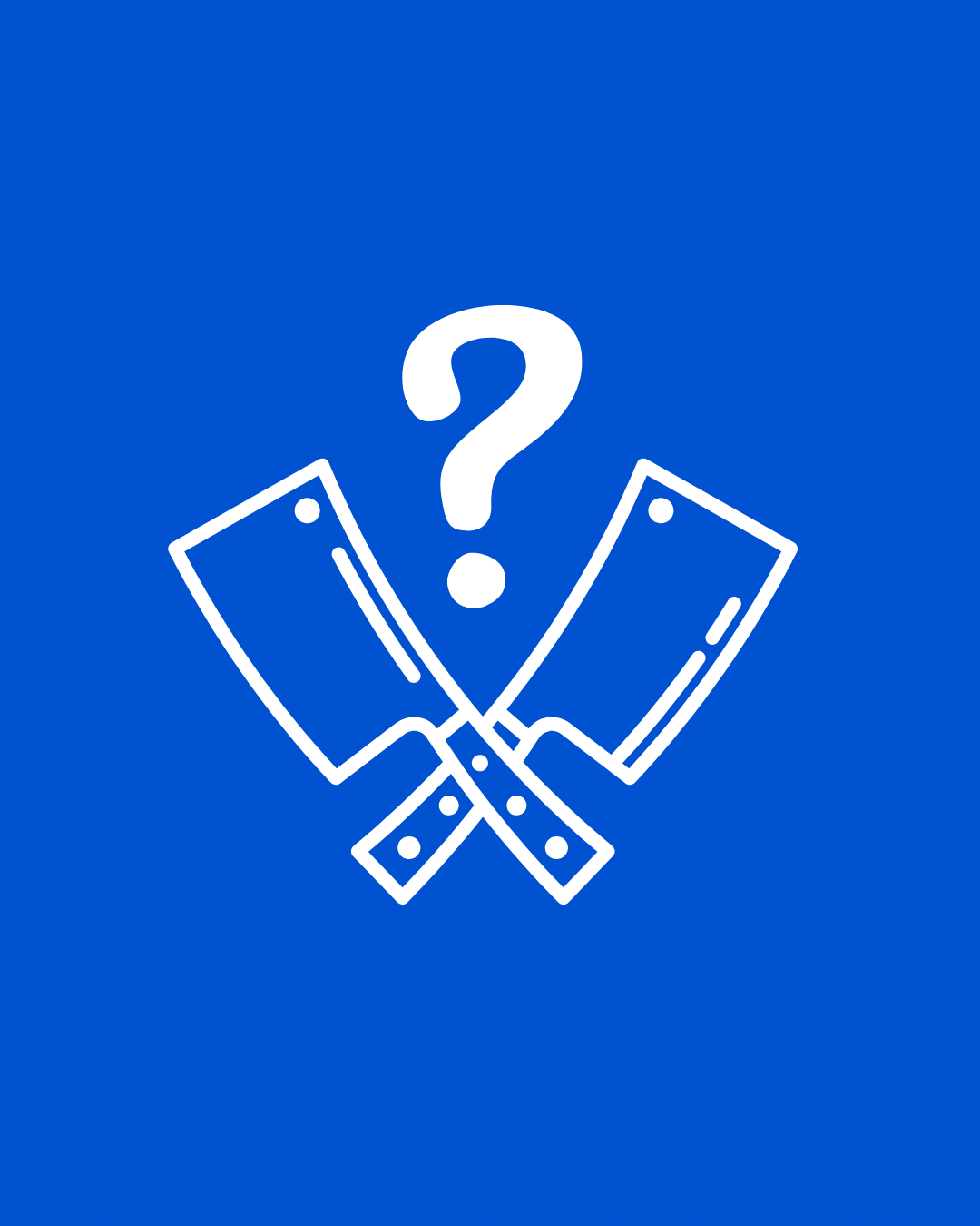White outline of two crossed kitchen knives with a question mark above them on a blue background.