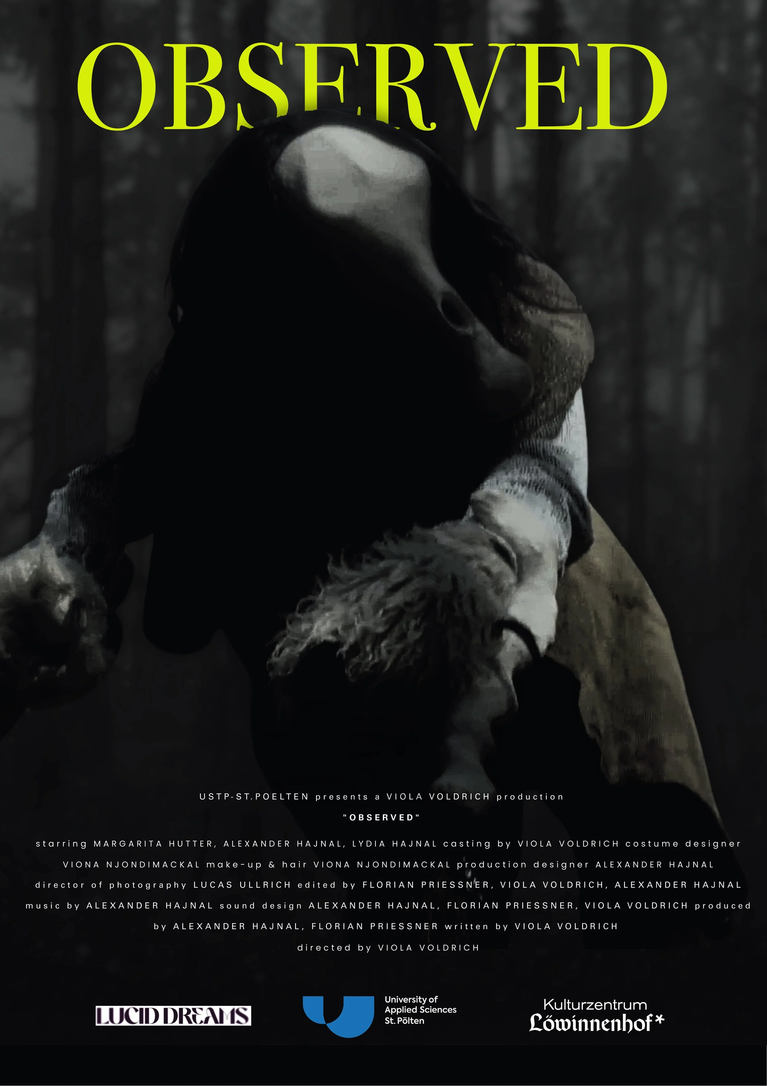 Das Filmcover zu Observed wurde von mir mit Photoshop gestaltet. Dabei habe ich verschiedene Bildbearbeitungs- und Designelemente genutzt, um eine passende düstere und spannende Atmosphäre für den Film zu erschaffen. Ziel war es, den Stil und die Sti