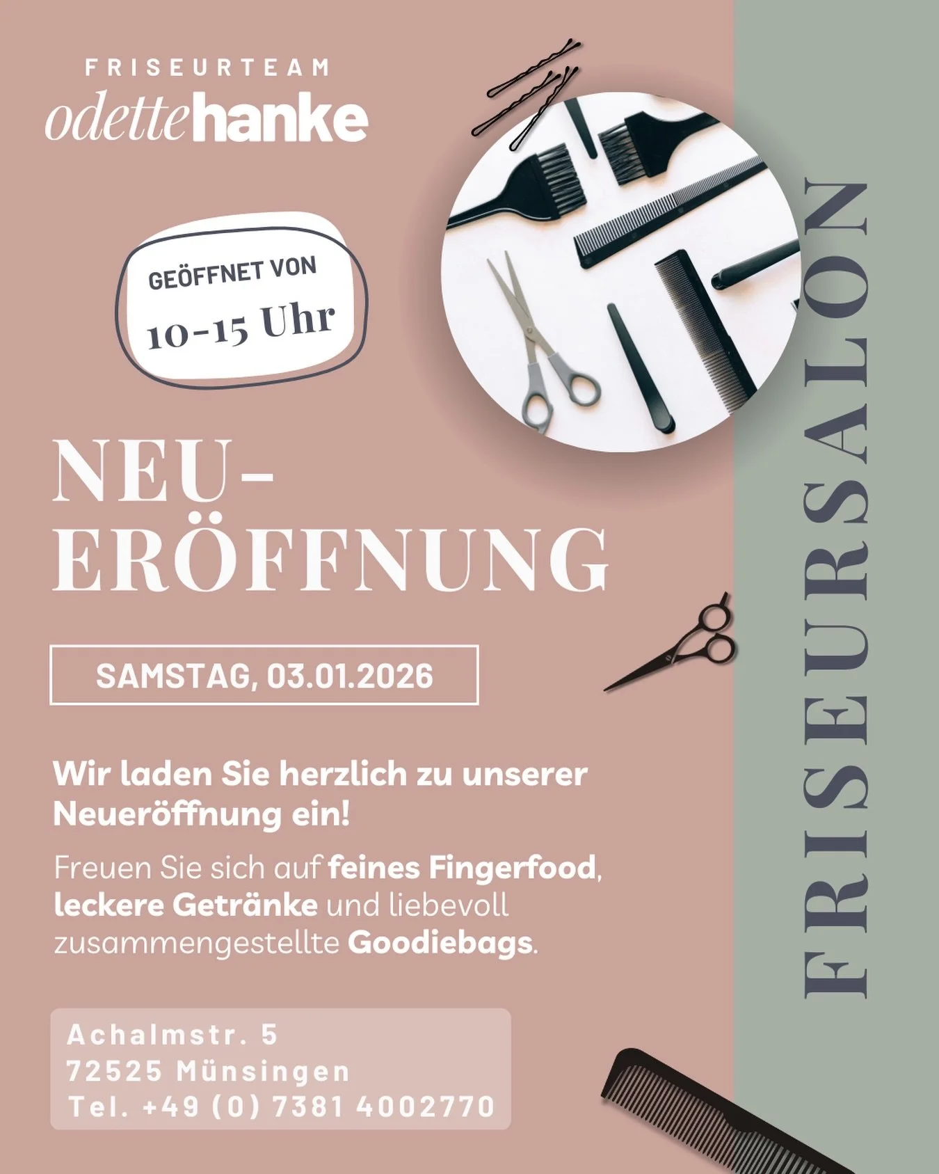 Es ist so weit &ndash; wir er&ouml;ffnen unseren neuen Salon! Komm&lsquo; vorbei und feiere mit uns ✂️🤍
📍 Achalmstr. 5, M&uuml;nsingen
🗓️ 03.01.2026 | 🕙 10&ndash;15 Uhr
Fingerfood, Drinks &amp; Goodiebags warten auf dich 💫

#neuer&ouml;ffnung #h