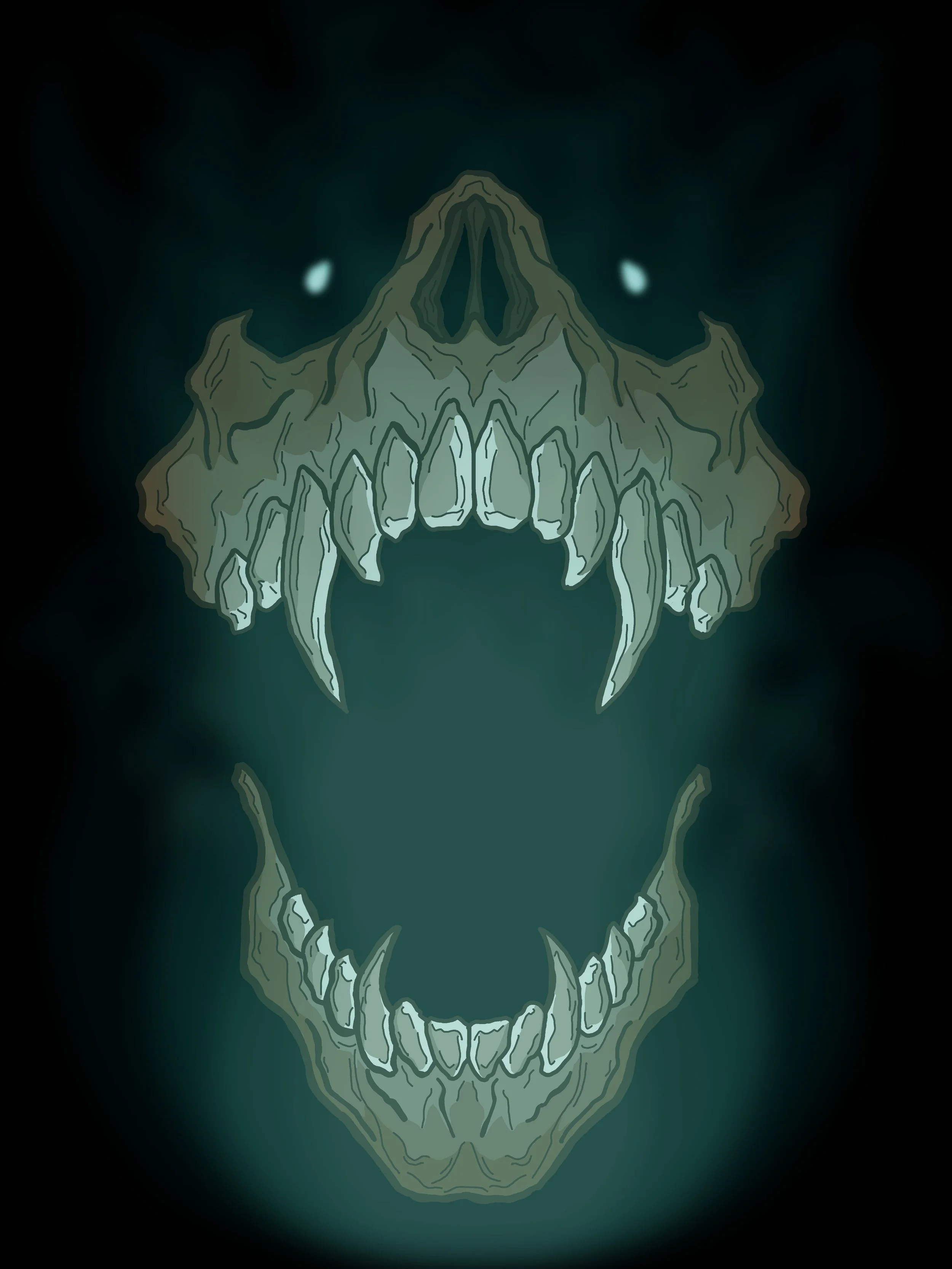 A dark, eerie illustration of a skull with sharp teeth and menacing eyes, mirrored to create a symmetrical design.