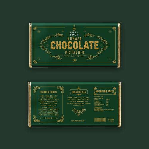 Packaging of Kunafa chocolate pistachio flavor, featuring decorative gold accents and ingredients list, with a dark green background.