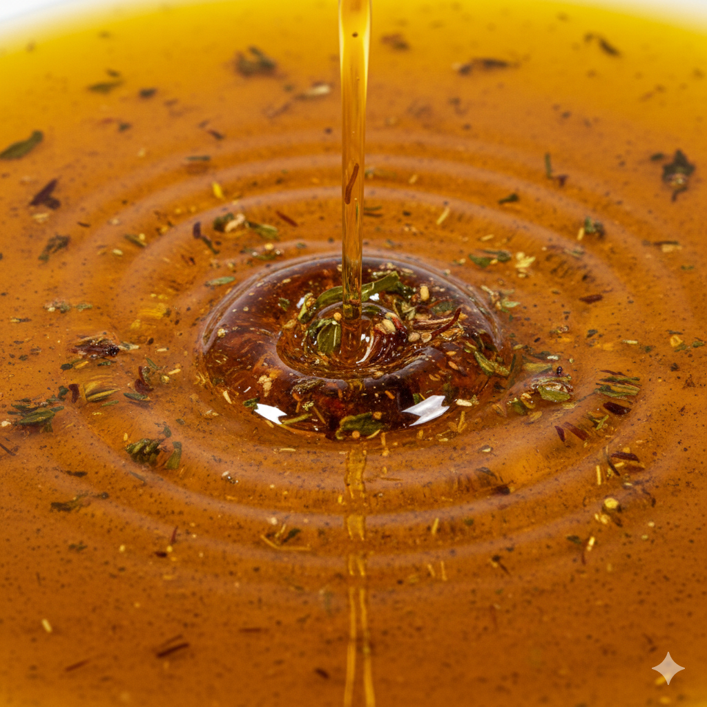 Close-up of honey flowing into a container with dried herbs and spices.