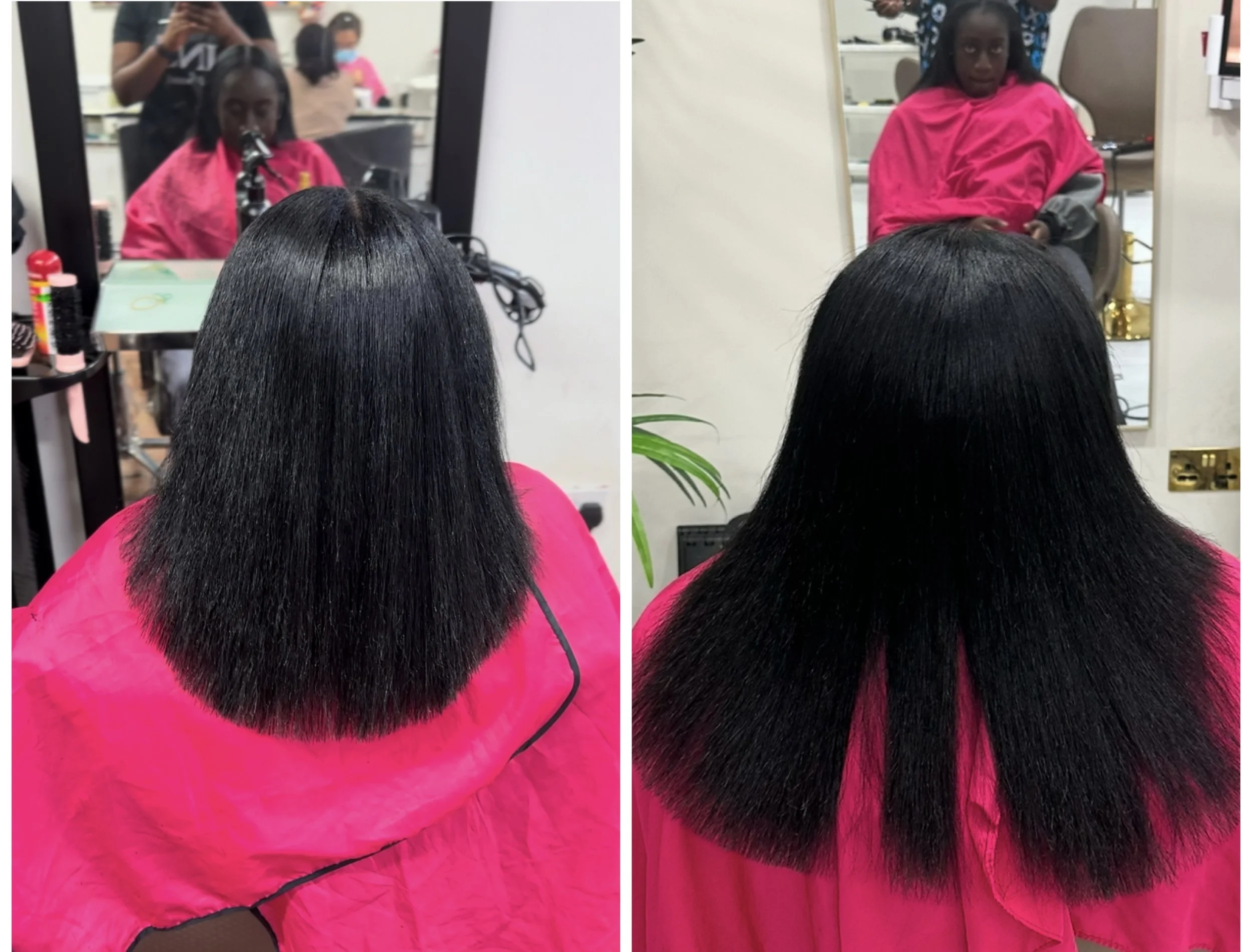 Side-by-side comparison of a woman's hair before and after a hair treatment, showing smooth, shiny, straightened hair.