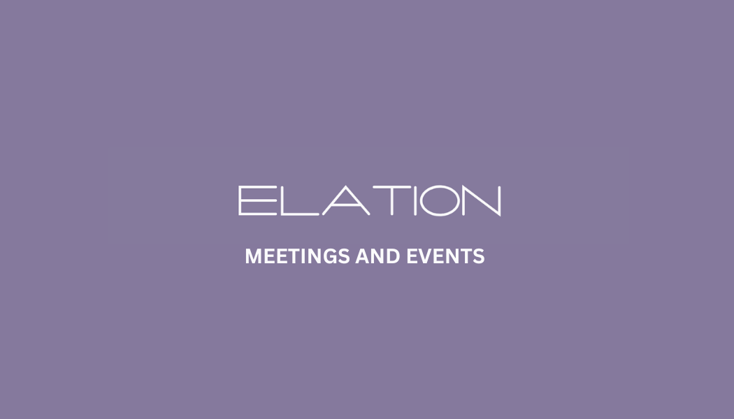Purple background with white text that reads "ELATION" and smaller text below that says "MEETINGS AND EVENTS."