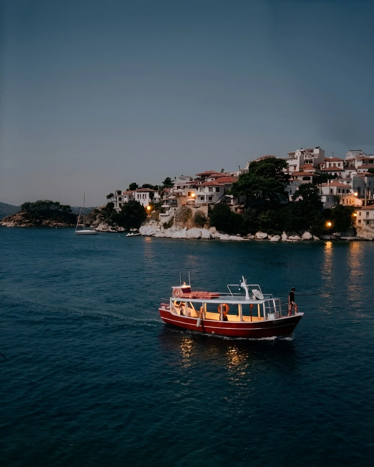 A small red and white boat on water near a hillside town with white buildings, trees, and lights at dusk.