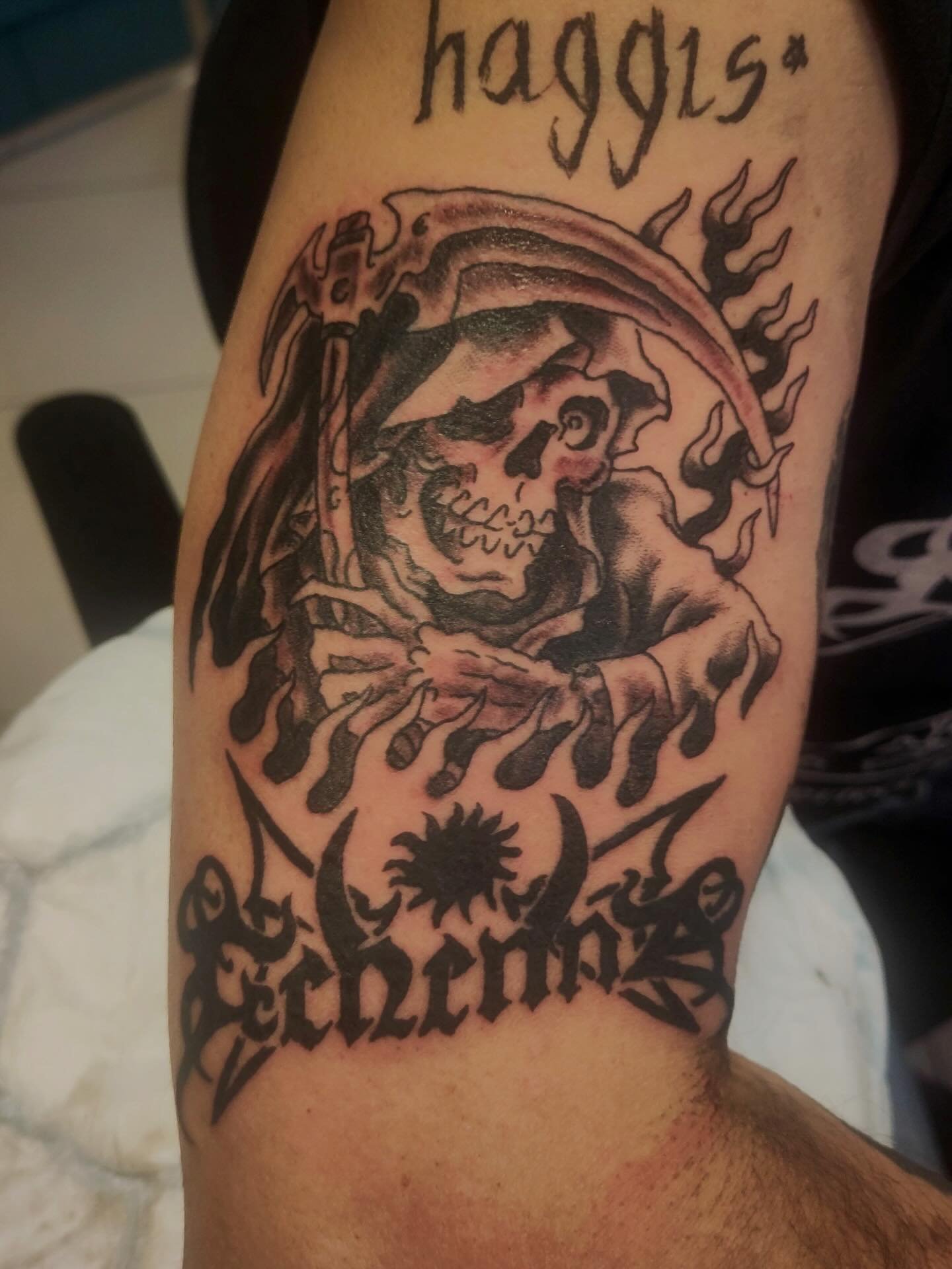 Reaper and @gehenna_offisiell tribute by apprentice @downhillbilly_tattoo 

Dm, email or call the shop for info &amp; booking:

✉️Booking.ironshield@gmail.com
☎️ +47 996 10 098

#ironshieldtattoo #sandnestattoo #gehenna