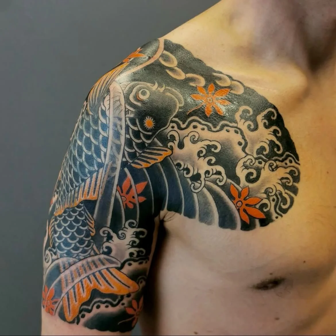 Koi coverup done by @glennflesjaa 

Dm, email or call the shop for info &amp; booking:

✉️Booking.ironshield@gmail.com
☎️ +47 996 10 098

#ironshieldtattoo #sandnestattoo #japanesetattoo