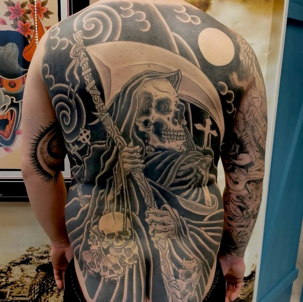 Reaper back by @glennflesjaa 

Dm, email or call the shop for info &amp; booking:

✉️Booking.ironshield@gmail.com
☎️ +47 996 10 098
🔗www.ironshieldtattoo.com

#ironshieldtattoo #sandnestattoo #japanesetattoo