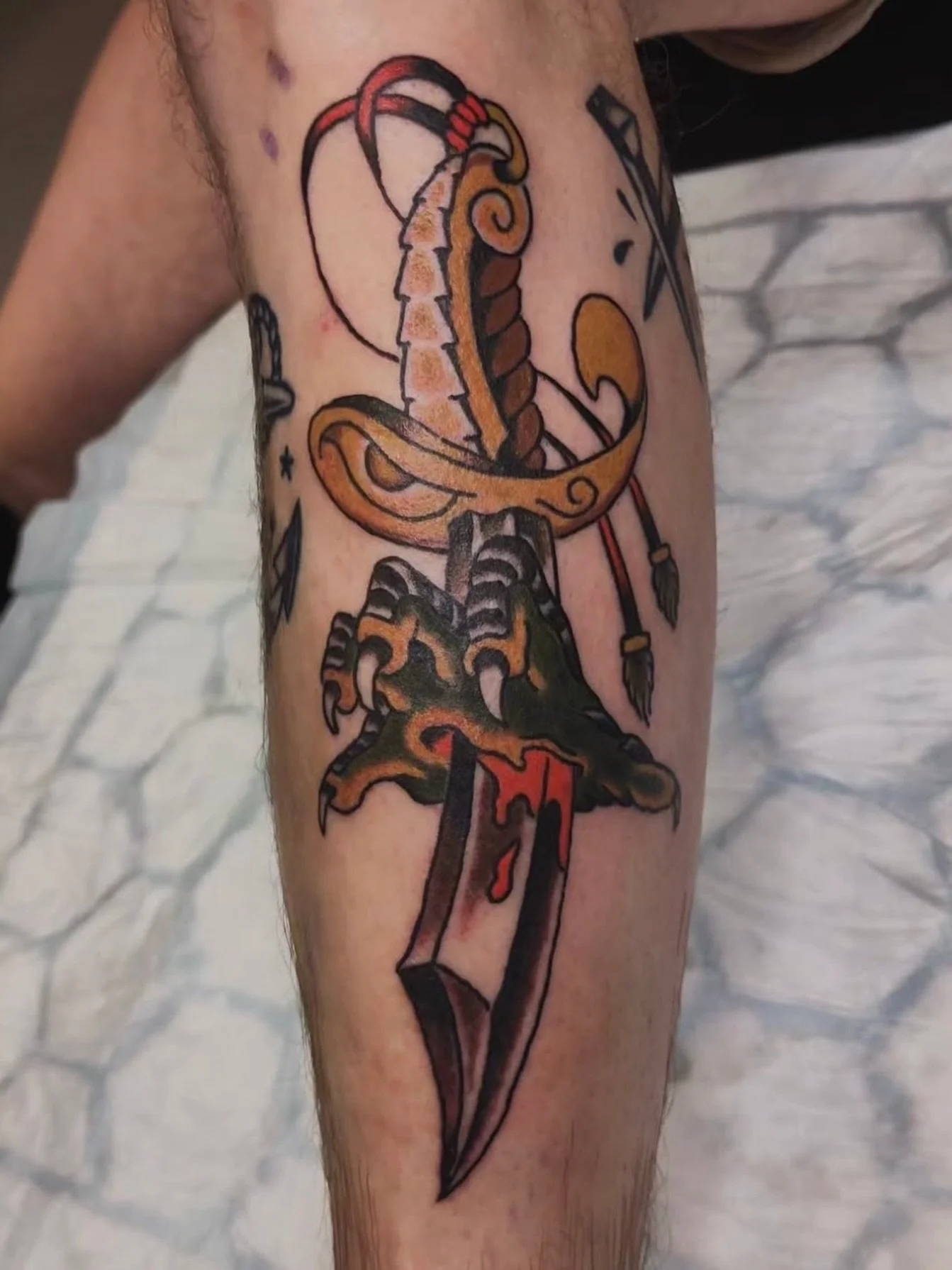 Dagger and dragon claw by @downhillbilly_tattoo 🐲

Dm, email or call the shop for info &amp; booking:

✉️Booking.ironshield@gmail.com
☎️ +47 996 10 098

#ironshieldtattoo #sandnestattoo