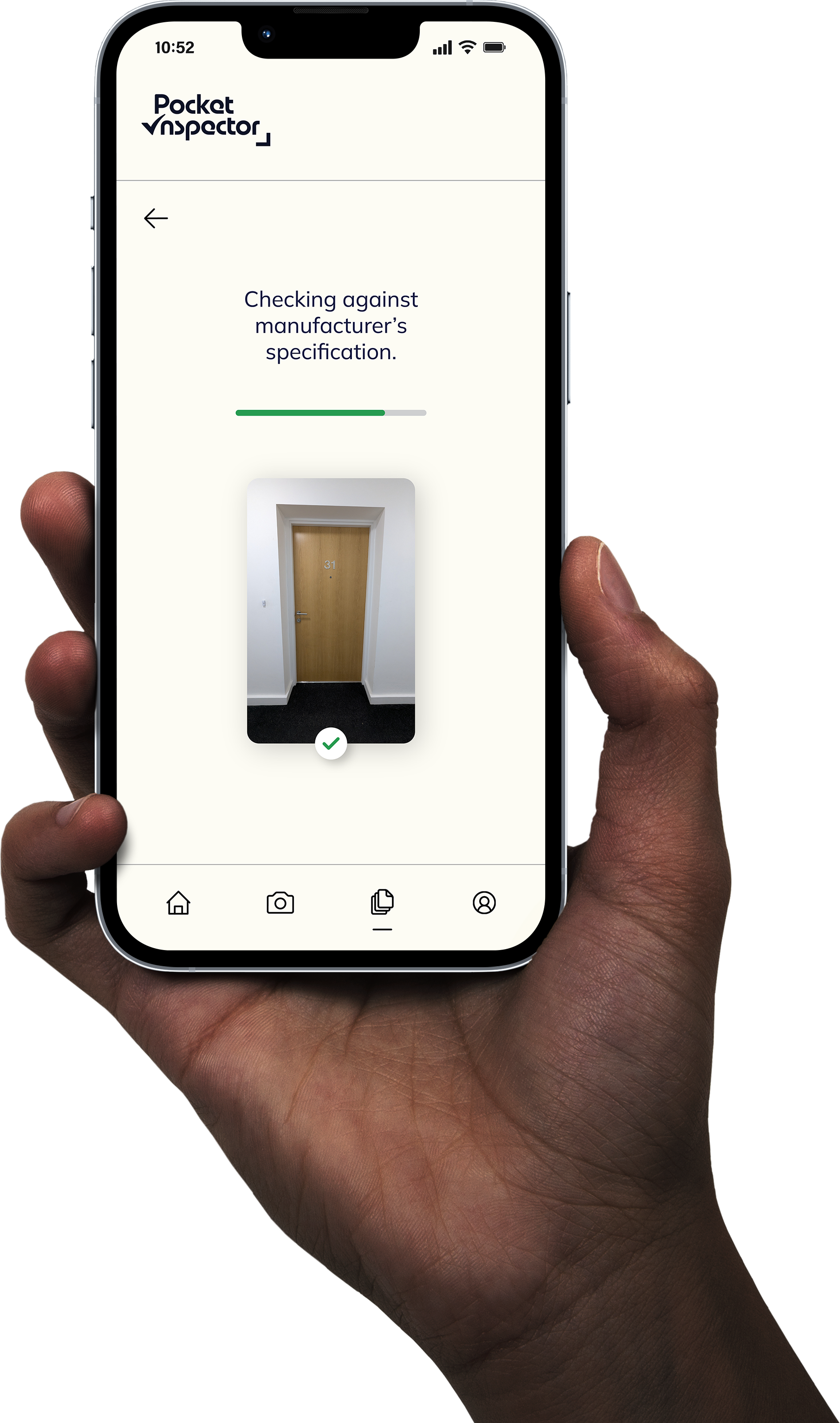 A hand holding a smartphone showing a mobile app with a photo of a wooden door numbered 31, and a checkmark indicating the check is complete, for a system assessing door specifications.