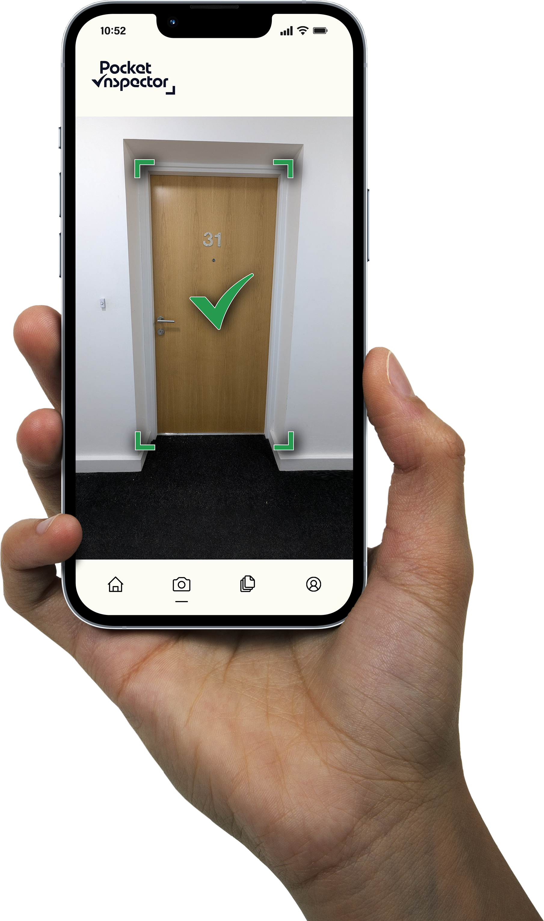 A smartphone screen showing a door with the number 31, being scanned by a mobile app called Pocket Inspector, with a green checkmark indicating successful recognition.