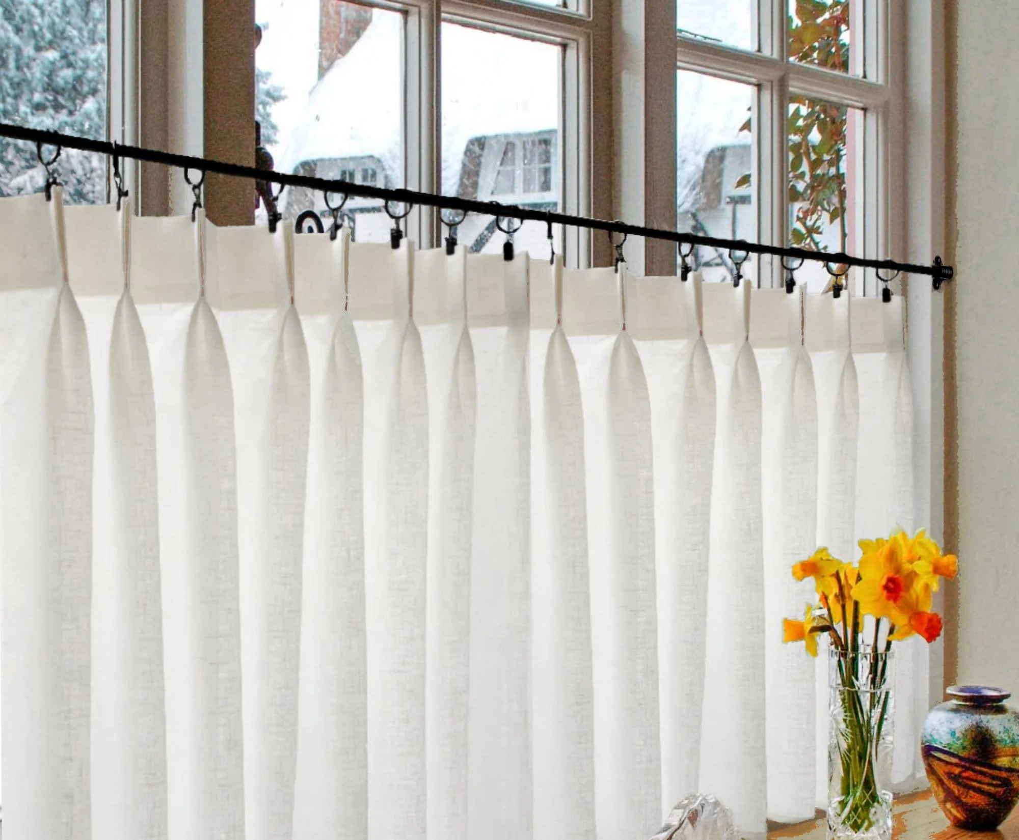 100% Linen Pinch Pleated Cafe Curtain: Semi Sheer Off White Panel - Modern Farmhouse or Traditional Look