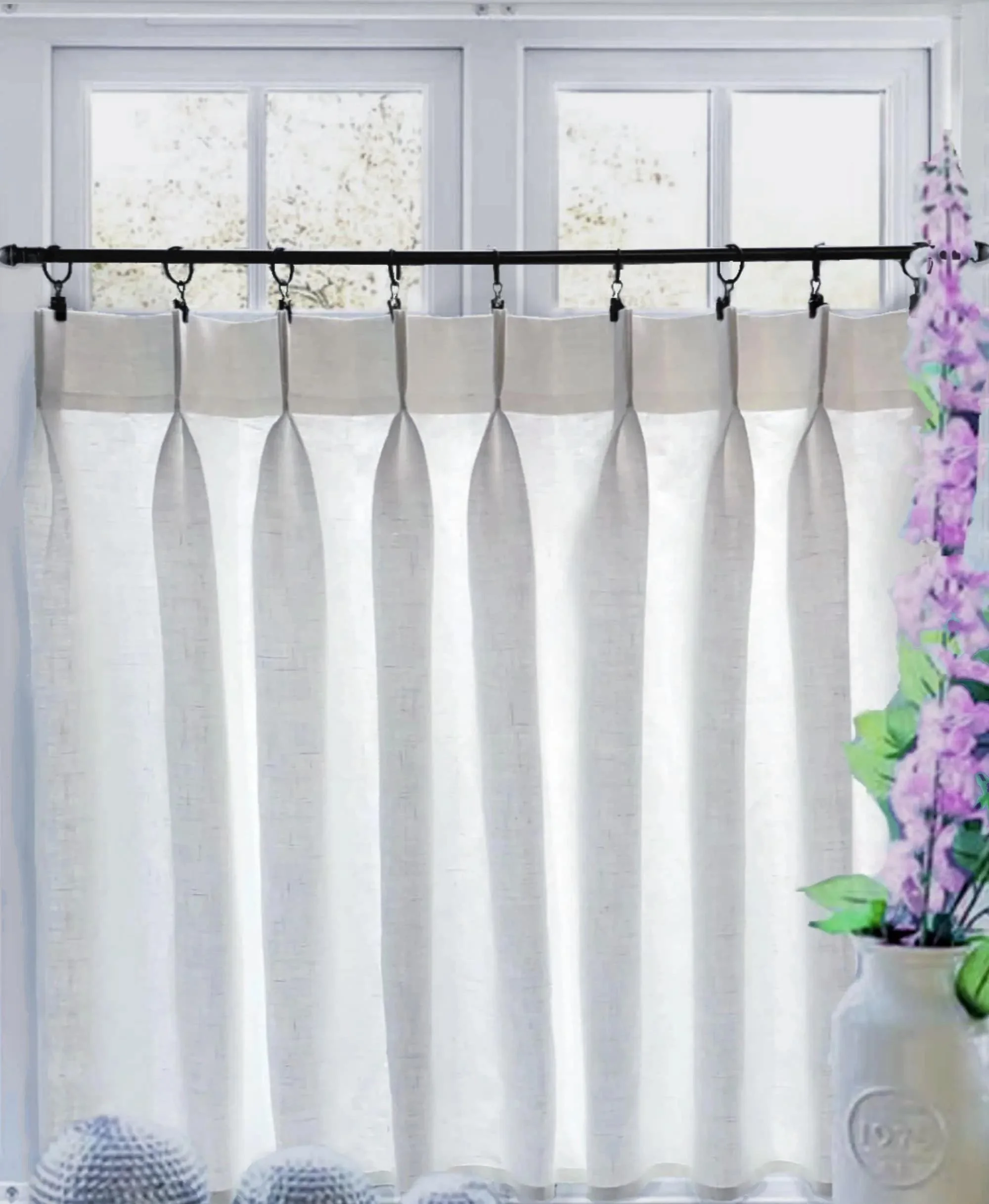 LINED Off White Double Pleated Cafe Curtains 100% Linen. Great Light Filtering and Privacy.