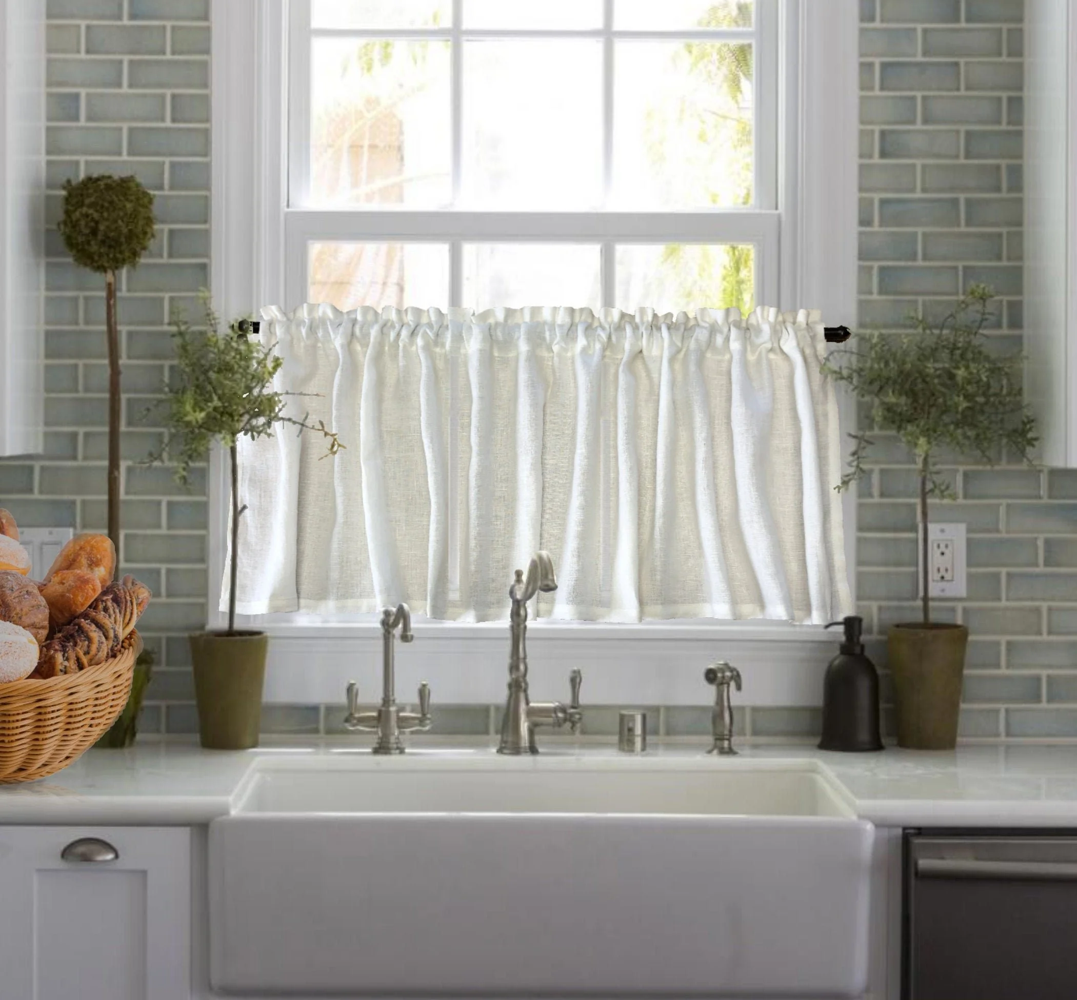 Soft Linen Farmhouse Valance: White or Cream Country Kitchen Curtain