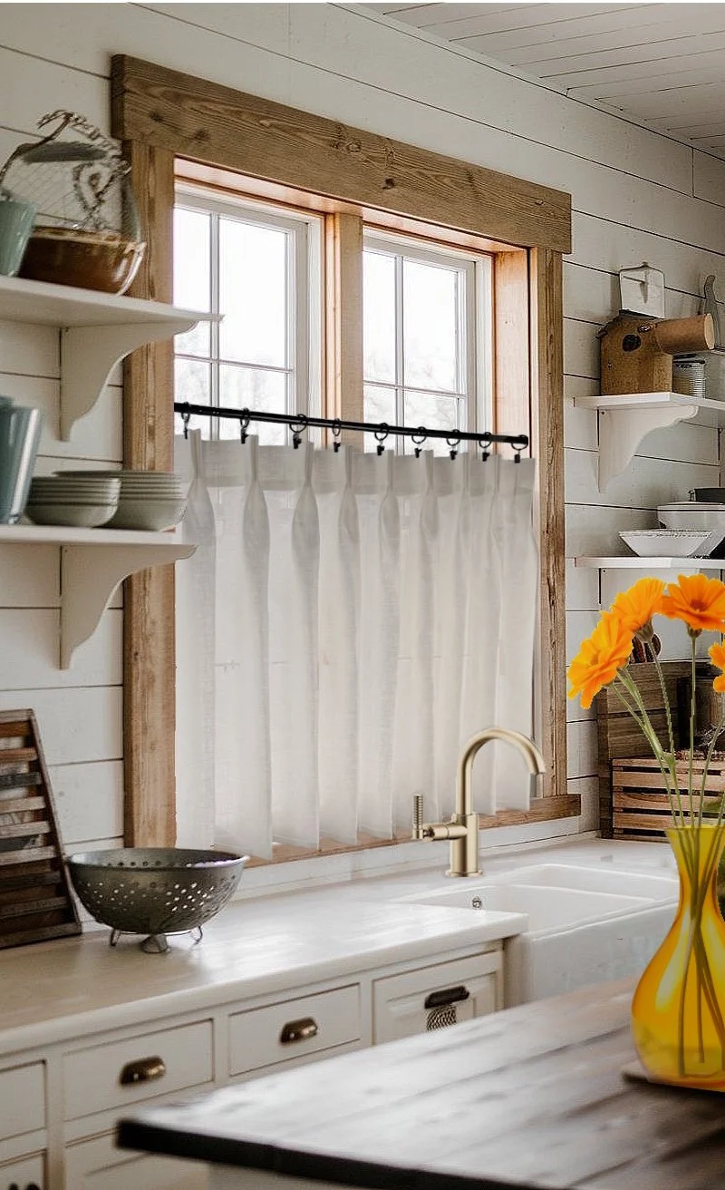 Linen Pinch Pleated Café Curtains - Made in a 100% Semi Sheer Off White Linen