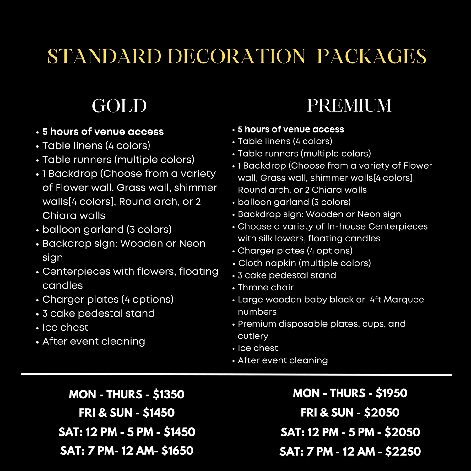 Standard Decoration Packages — J&S Event Space