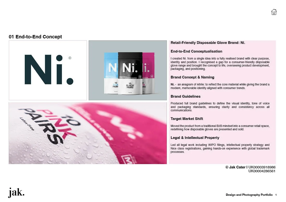 A presentation slide showcasing the brand Ni, featuring disposable gloves in different colors, with information on brand concept, guidelines, target market, and legal properties on a pink and white background.