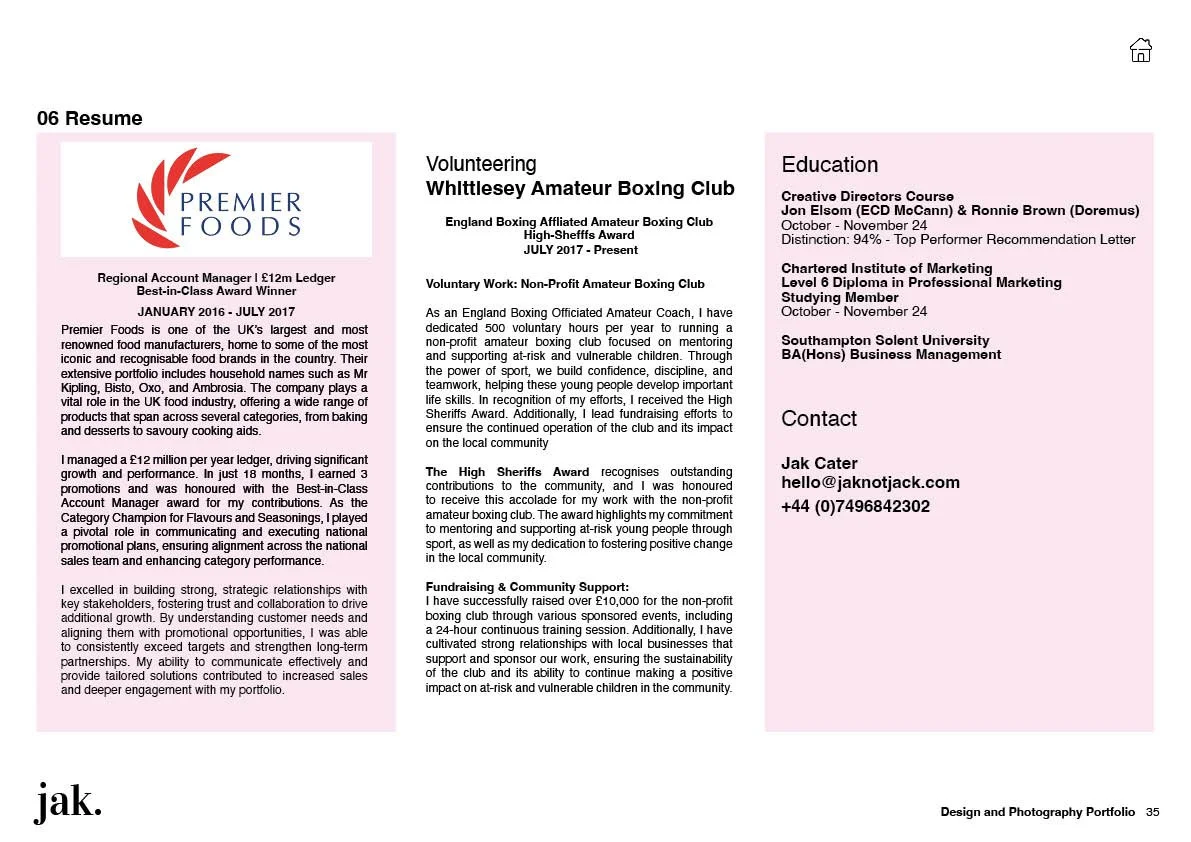 A resume with sections for volunteering, education, contact information, and a company logo. The logo features red and blue design elements with the text 'Premier Foods.' The resume details professional experience, education, and contact info for som