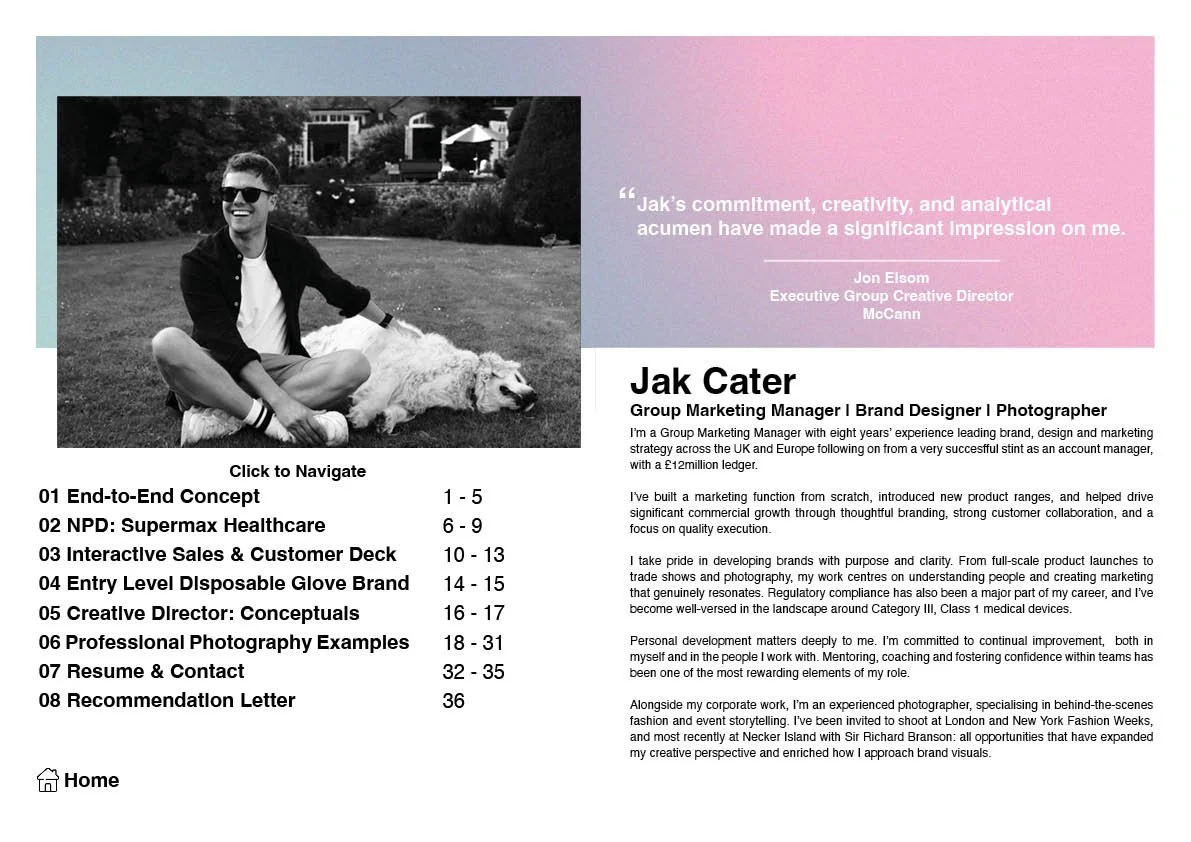 A black and white photo of a smiling man sitting on the grass next to a dog, with a pink and purple gradient background on the right side containing a quote. The left side displays a table of contents and a home icon.