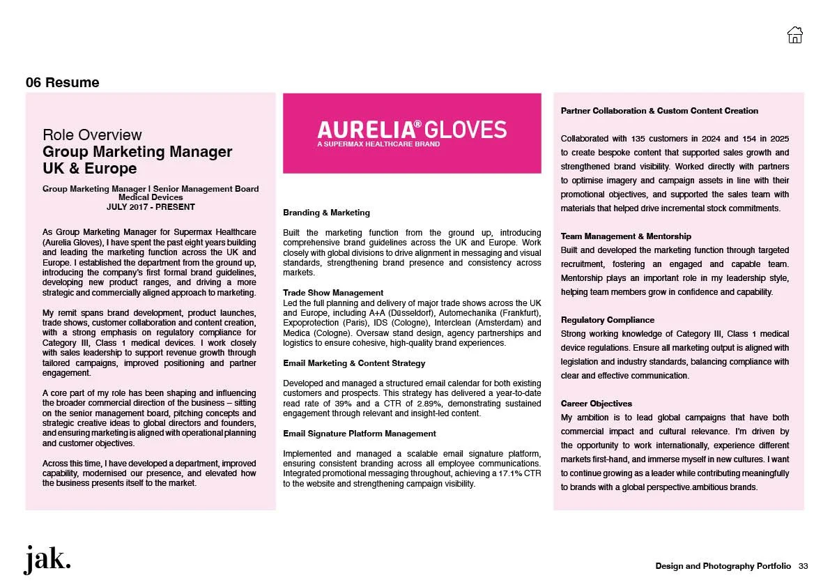 Page from a resume with sections for role overview, branding and marketing, trade show management, email marketing, and content strategy, featuring the Aurelia Gloves logo in pink.