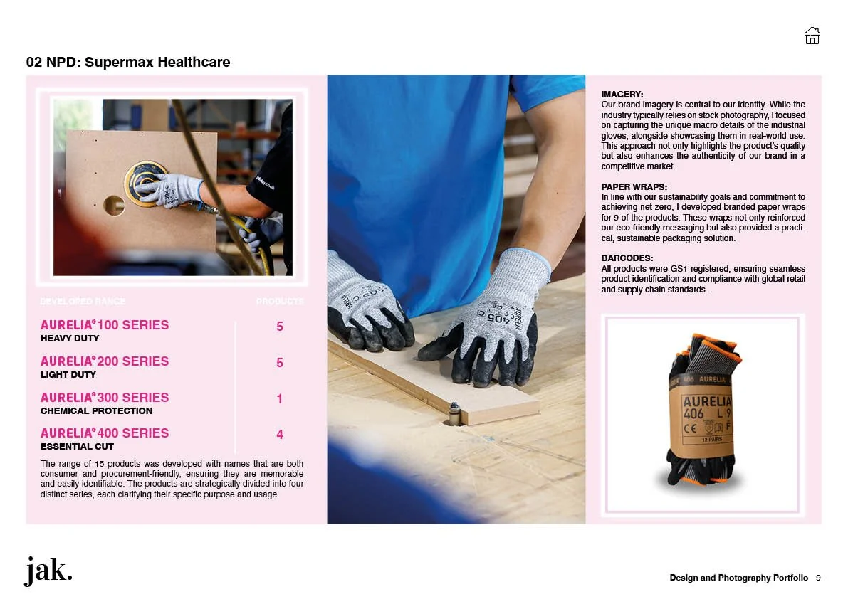 Open magazine page featuring healthcare work gloves, a worker sanding wood, and a roll of industrial gloves, with descriptions of product series and sustainability features.