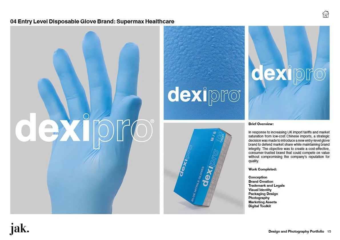 A design portfolio page for Dexipro, featuring images of a blue disposable glove, a close-up of the glove's texture, and a box of the gloves. The page includes a brief overview and list of completed work, with the logo and branding of Dexipro, a heal