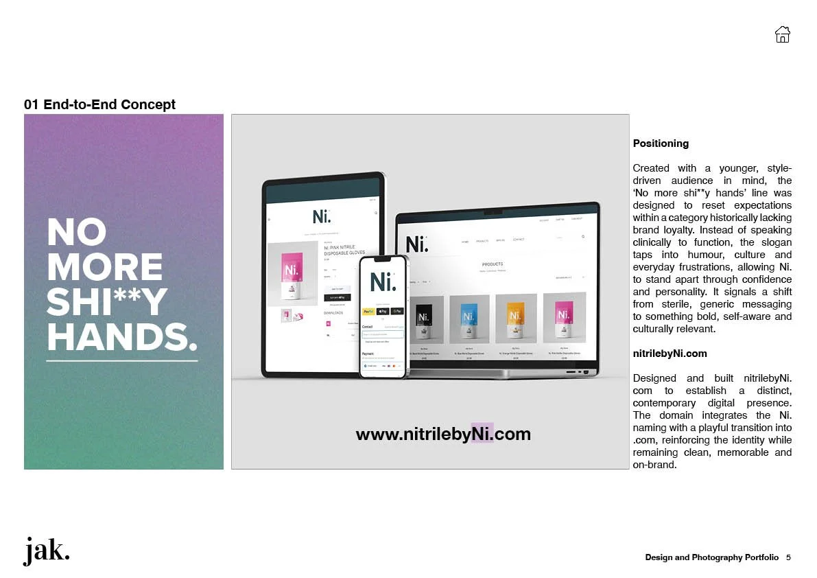 Digital screens displaying an e-commerce website for Ni disposable gloves, with the tagline "No more shi**y hands." The website is shown on various devices including a tablet, smartphone, and laptop. The webpage has colorful product images and a play