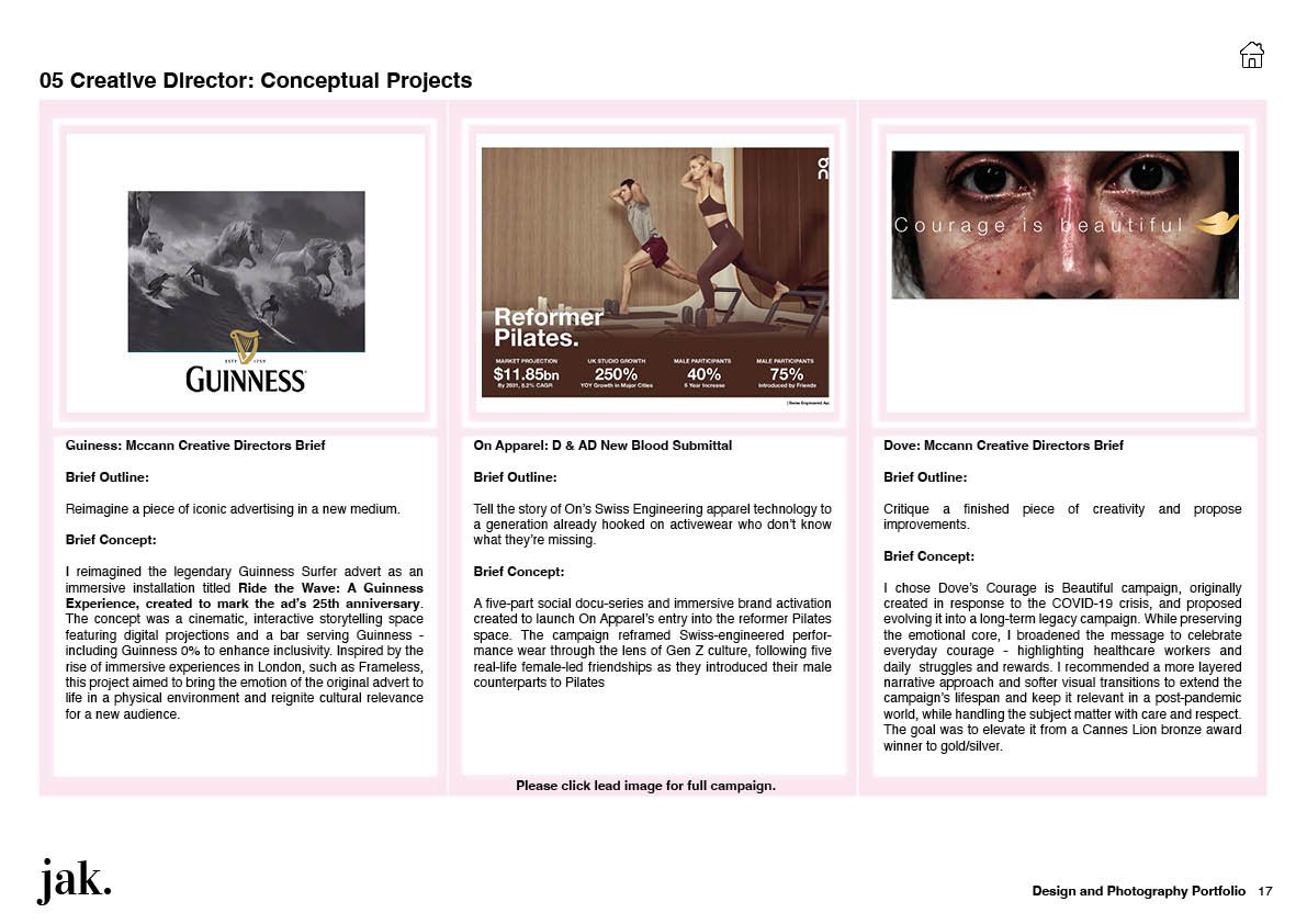 Three concept pages for creative projects, including Guinness advertising, Swiss engineering apparel technology, and Dove's Courage is Beautiful campaign, with text descriptions and images of a surfer, people working out, and a close-up of a person w