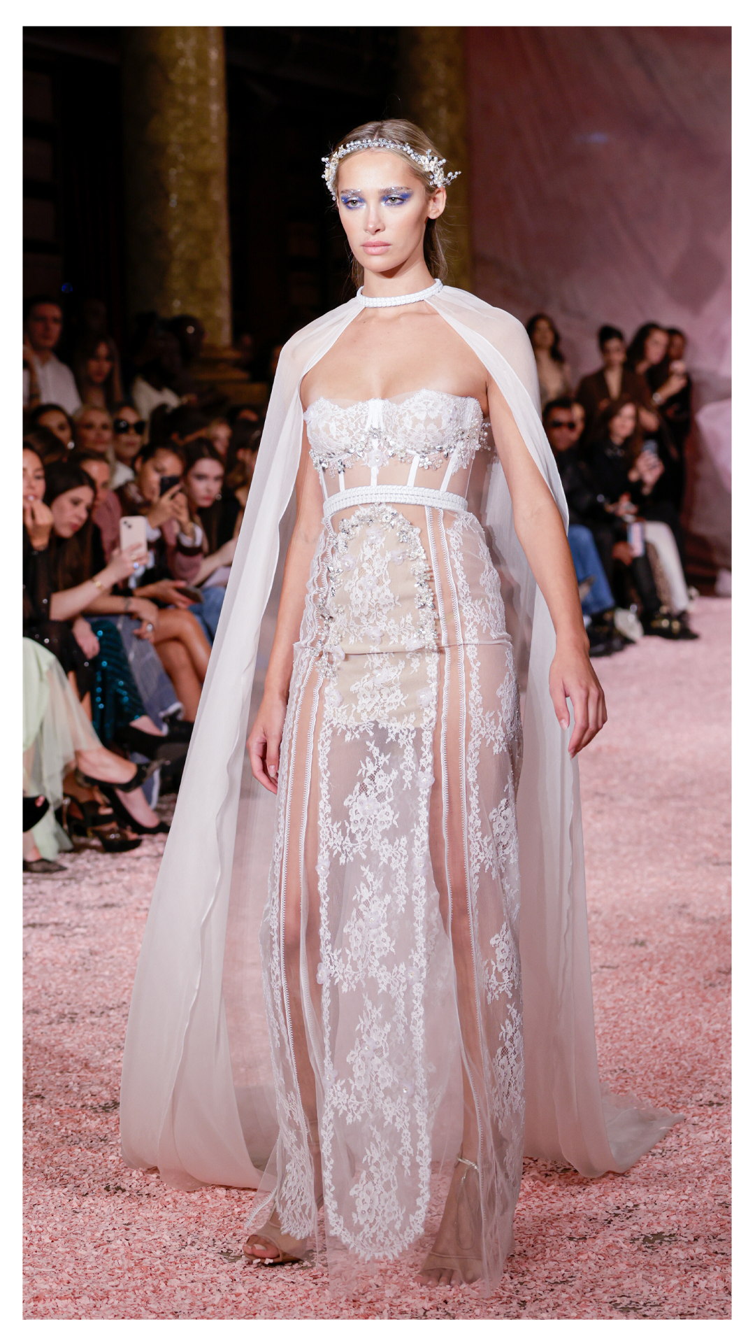 Catwalk fashion photography focusing on runway details during a fashion show