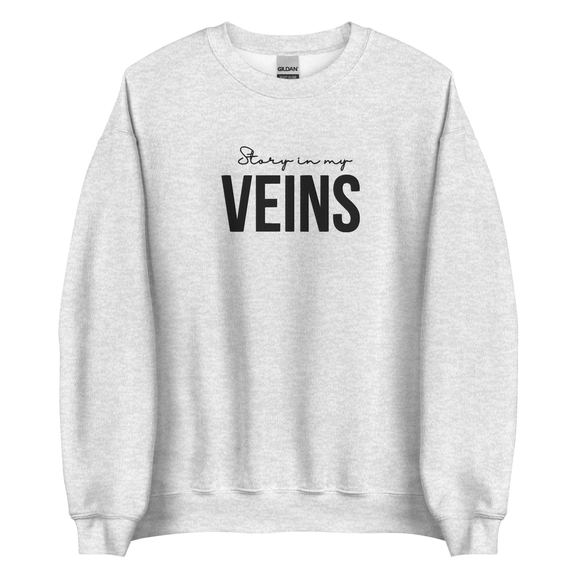 Grauer Pullover mit Aufdruck 'Story in my VEINS'