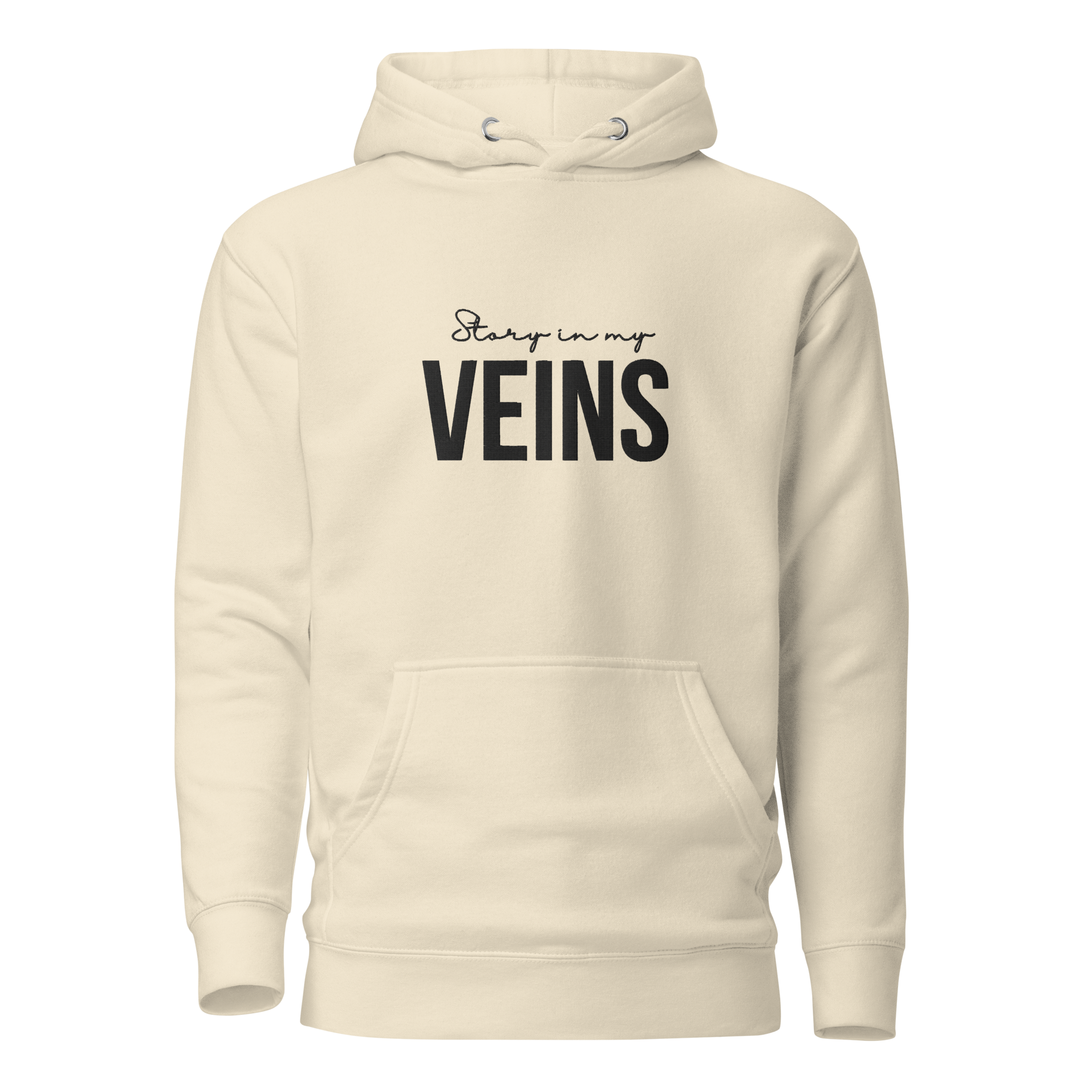 Beige Hoodie mit schwarzem Text, der sagt 'Story in my VEINS'.