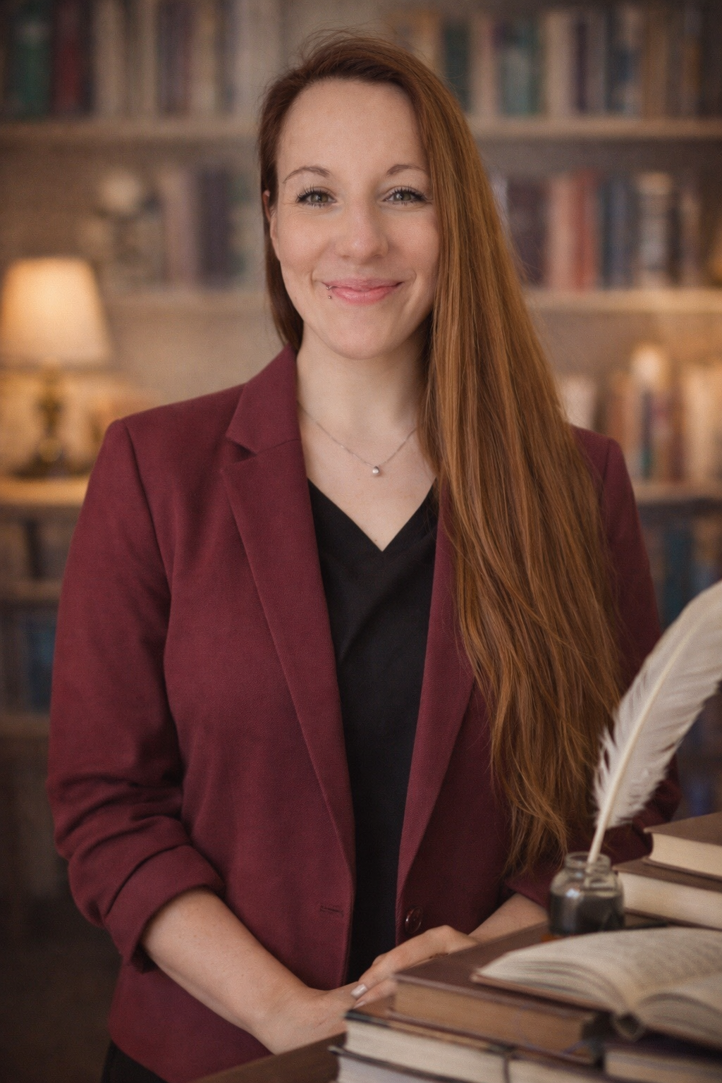 Eine lächelnde Frau mit langen roten Haaren in einem dunklen V-Ausschnitt-Shirt, einer roten Jacke, vor einem Bücherregal mit Büchern. Sie steht hinter einem Tisch mit offenen Büchern und einem Federkiel in Tintenfass.