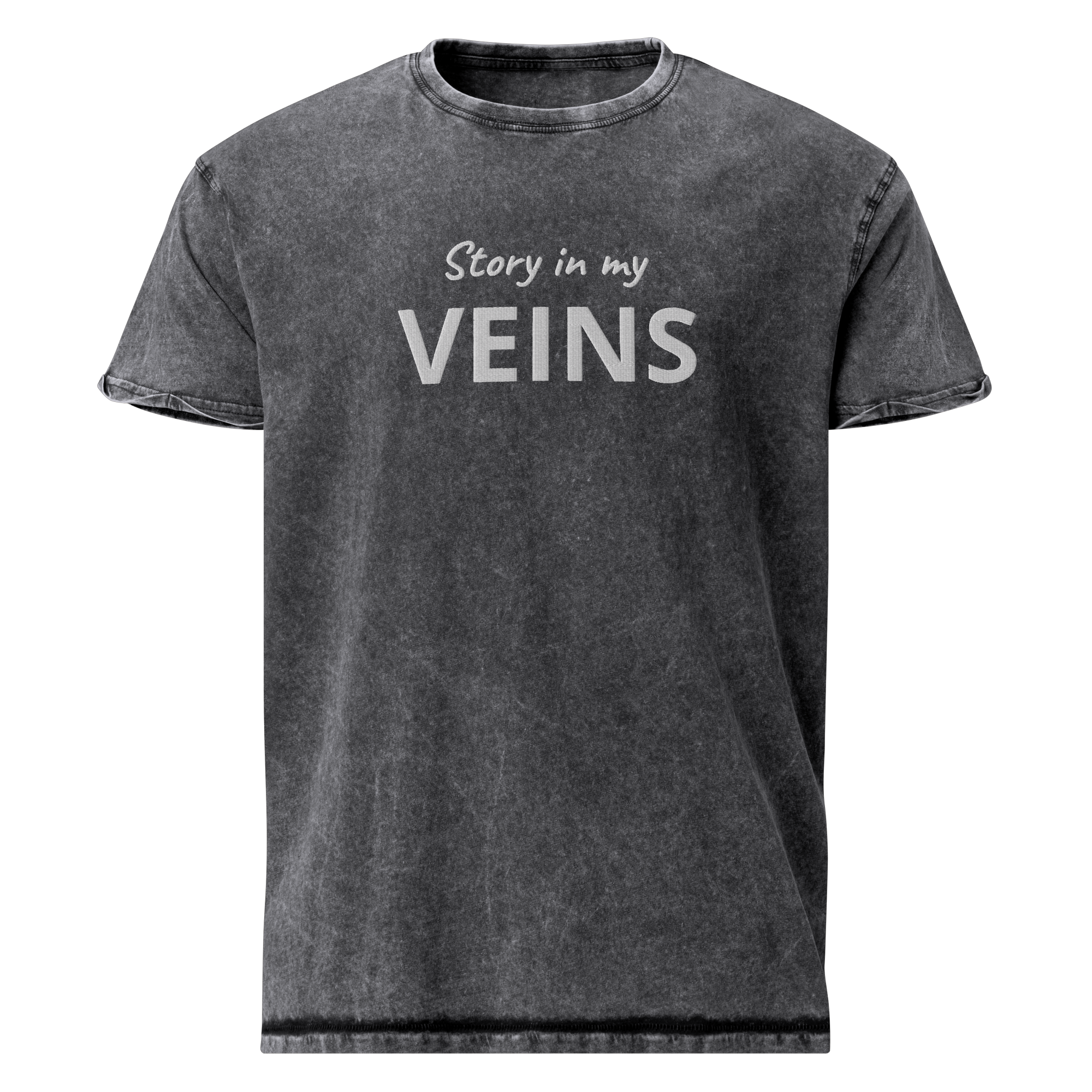 Graues T-Shirt mit weißen Texten: 'Story in my VEINS'.