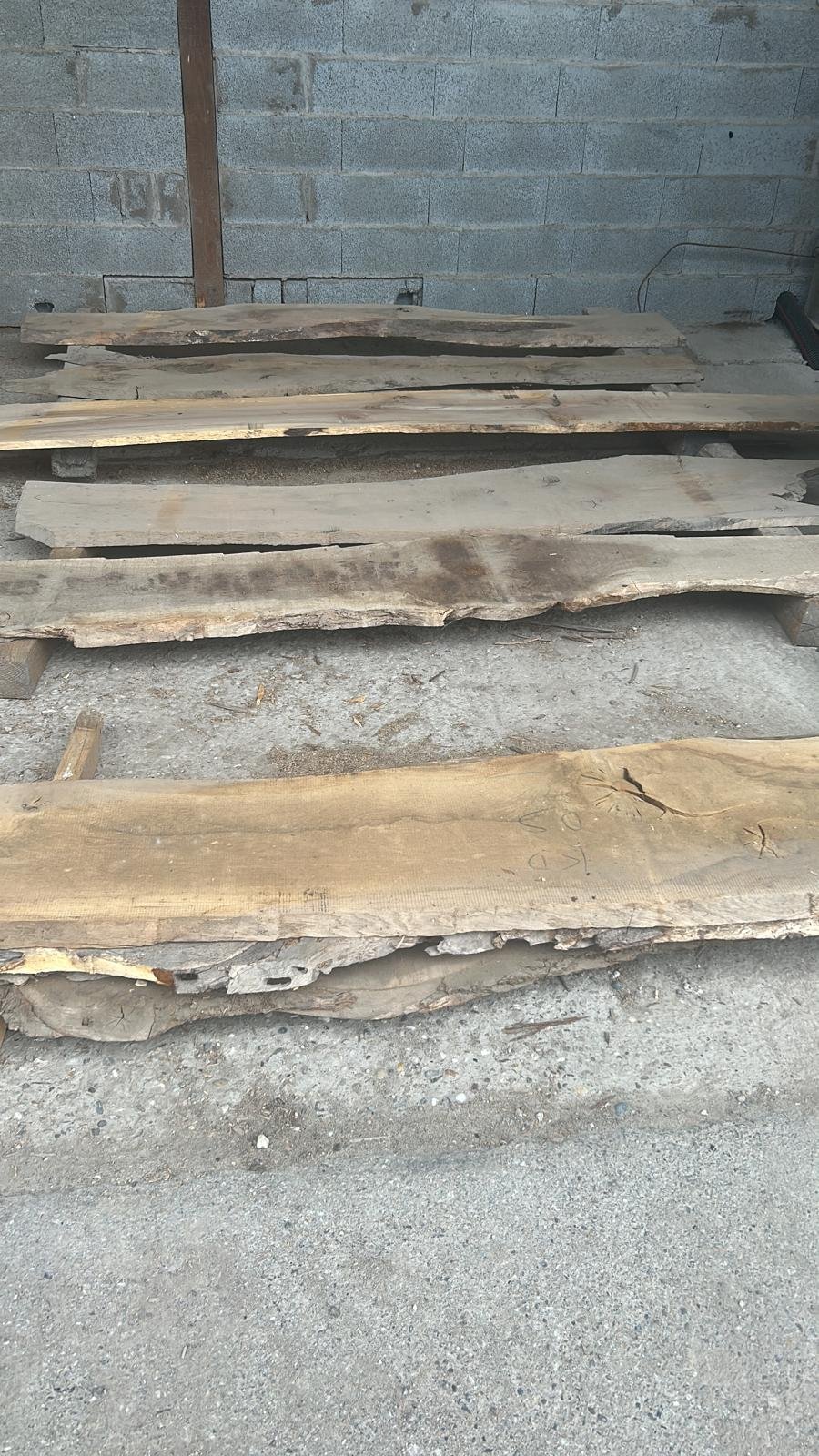 Différentes planches de bois brutes posées sur des supports en béton, dans un espace de stockage ou de travail, avec un mur en parpaings en arrière-plan.