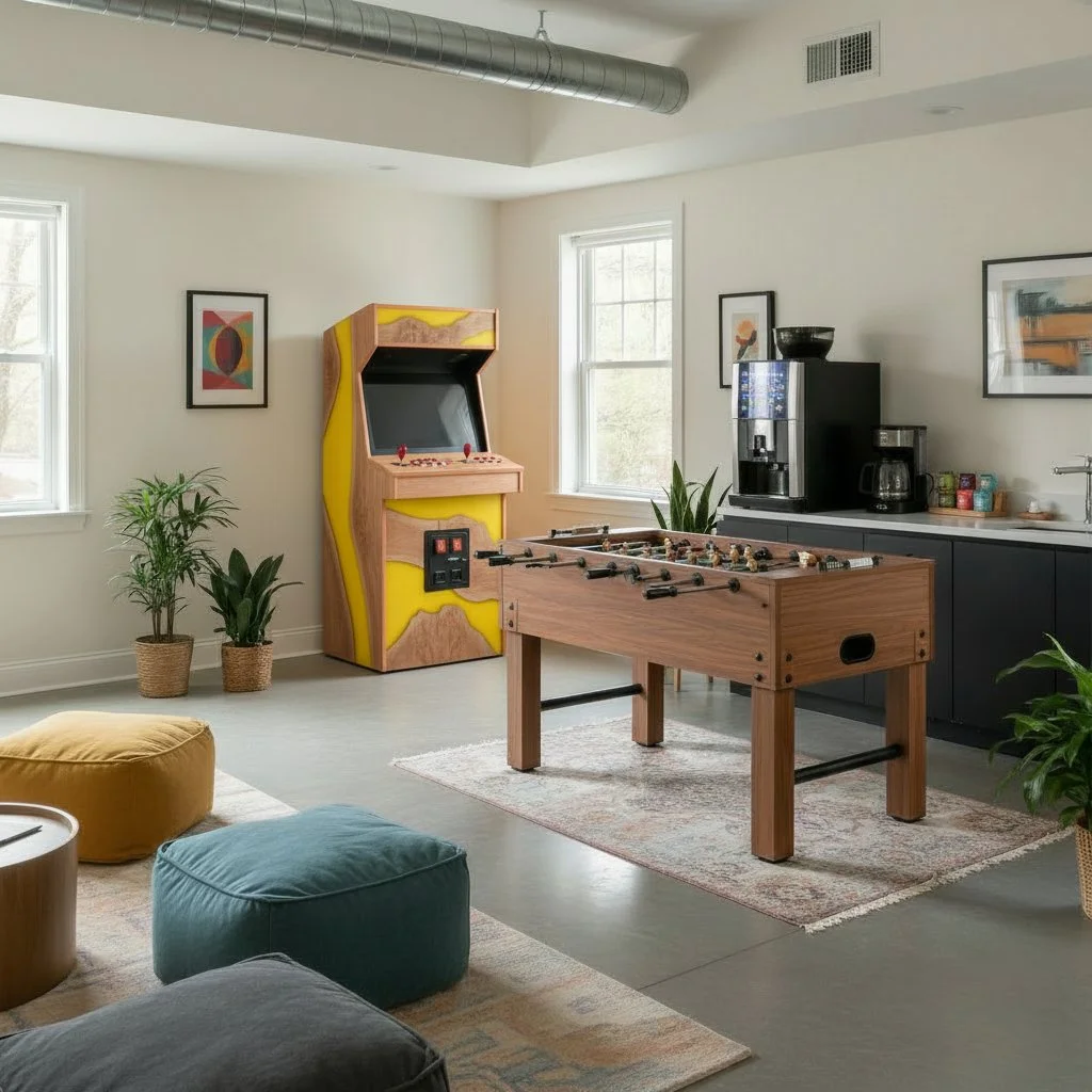 une borne d'arcade en bois de noyer et résine époxy jaune dans une salle de repos d'entreprise