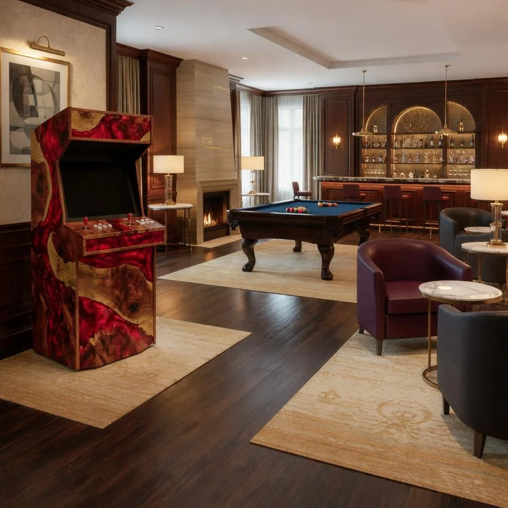 une borne d'arcade en bois de noyer et résine époxy rougee dans une salle de jeux d'un hôtel de luxe