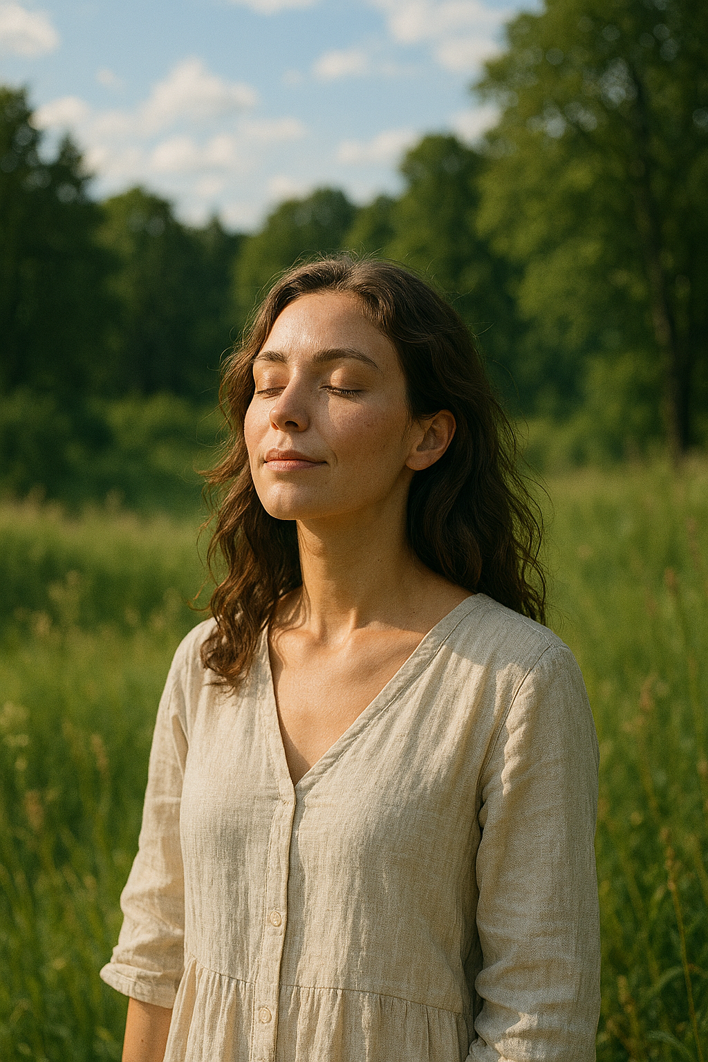 A woman with closed eyes and a peaceful expression standing outdoors in a grassy field with trees, under a blue sky with scattered clouds.
