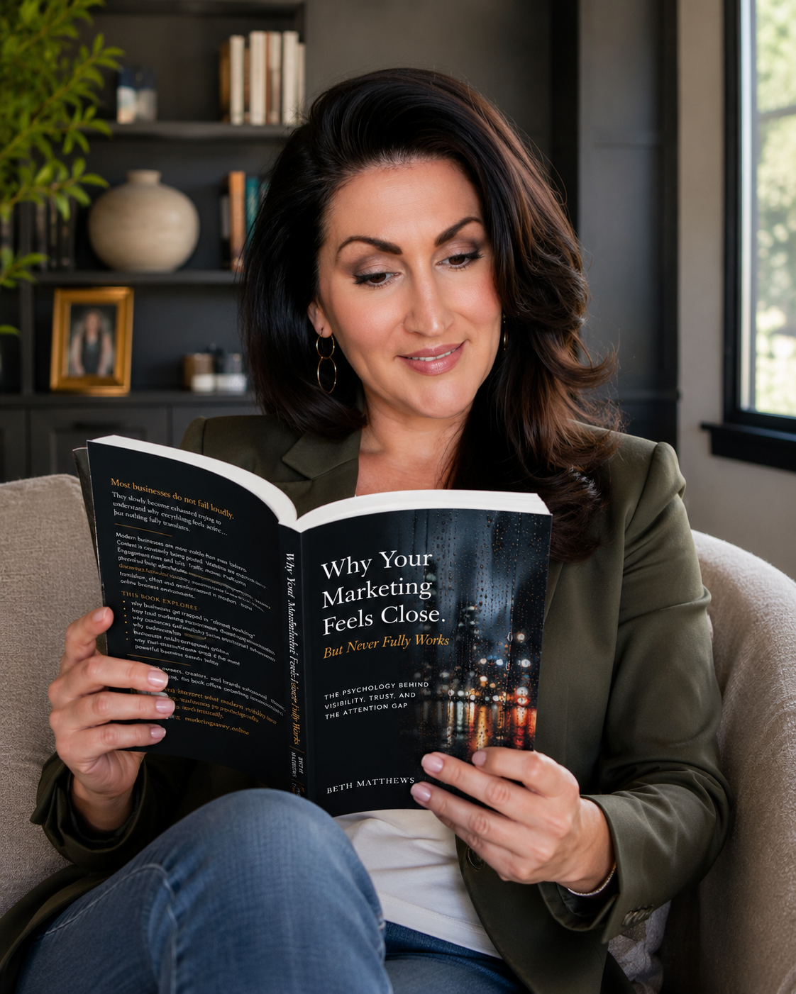 Book cover for Why Your Marketing Feels Close… But Never Fully Works by Beth Matthews promoting Amazon pre-order launch.