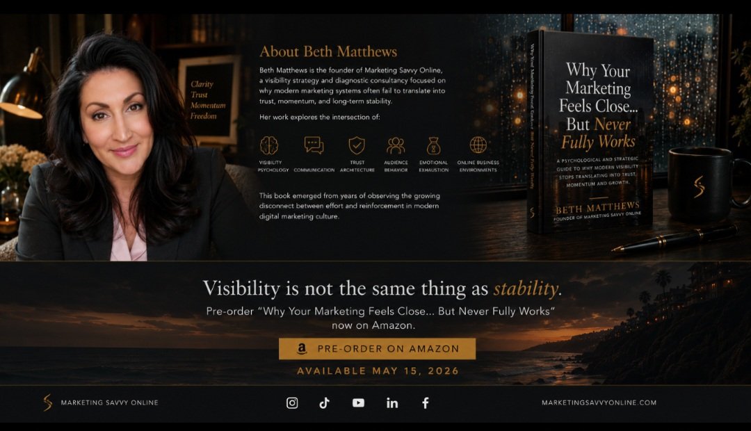Book cover for Why Your Marketing Feels Close… But Never Fully Works by Beth Matthews promoting Amazon pre-order launch.