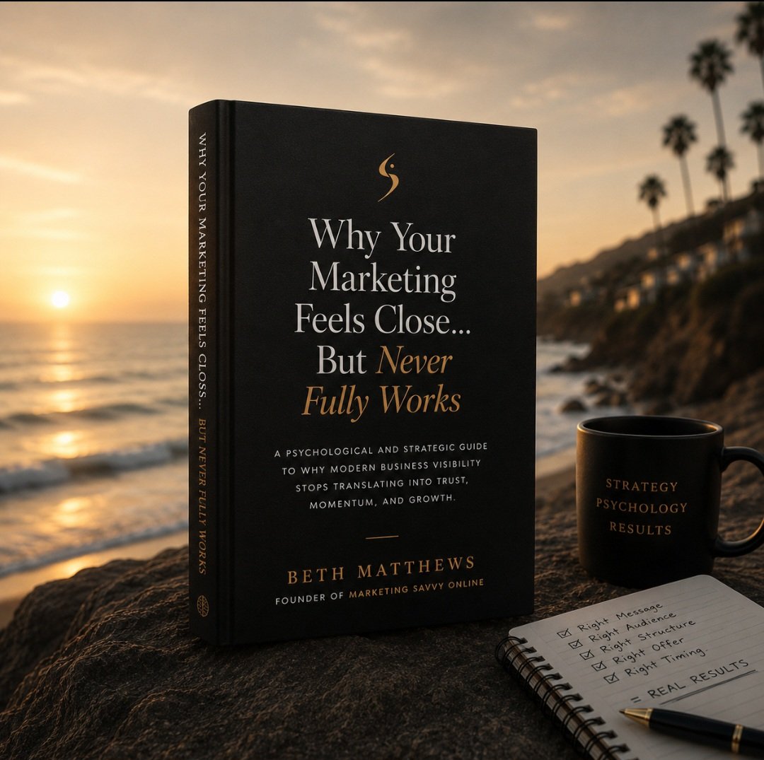 Book cover for Why Your Marketing Feels Close… But Never Fully Works by Beth Matthews promoting Amazon pre-order launch.