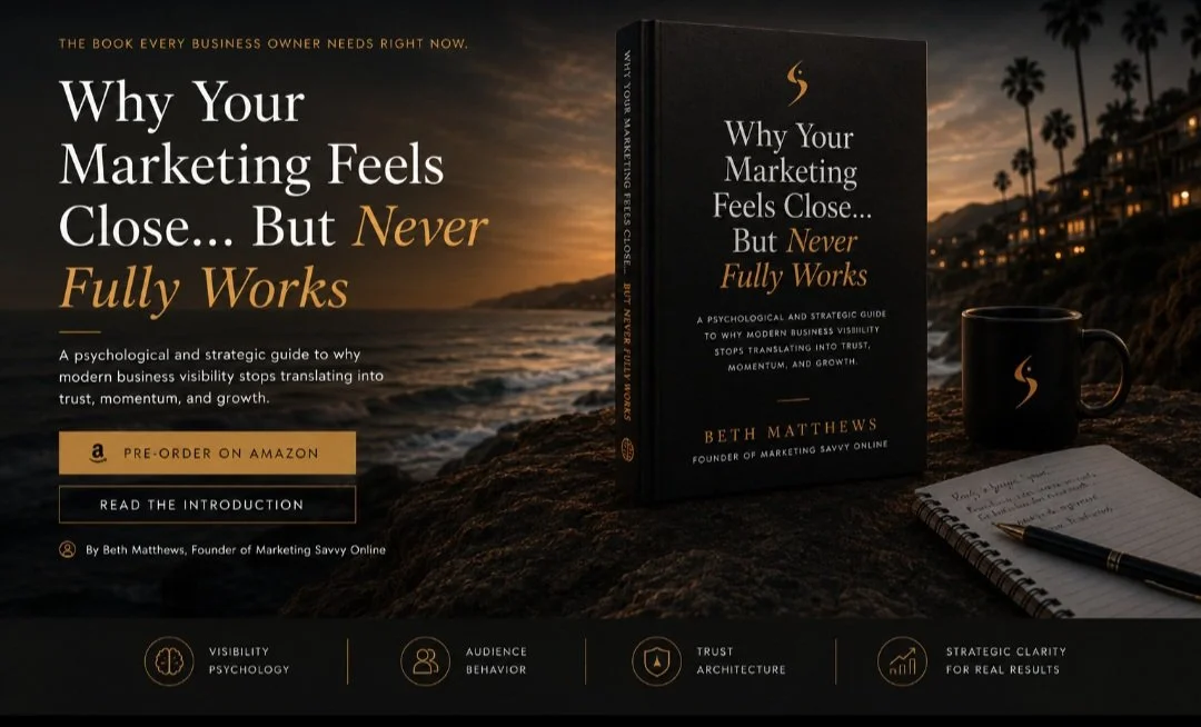 Book cover for Why Your Marketing Feels Close… But Never Fully Works by Beth Matthews promoting Amazon pre-order launch.