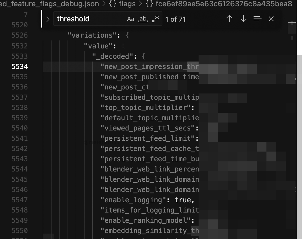 A computer screen displaying JSON code with the word 'threshold' highlighted in the search bar.