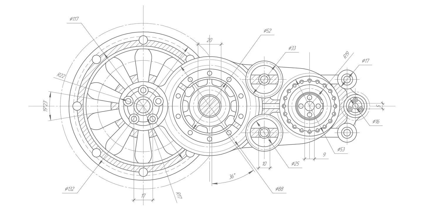 Technical engineering drawing of mechanical components with detailed measurements and circular parts, likely part of a machine or gear system.