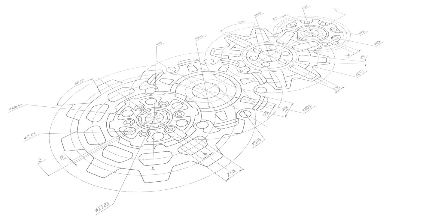 A technical engineering drawing of a mechanical component, featuring multiple circular and geometric shapes with detailed measurements and annotations.